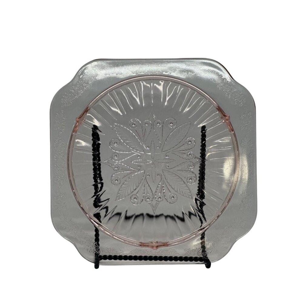 Vintage Jeannette Glass Adam Pink Depression Glass Cake Plate 9.5 Floral Etching